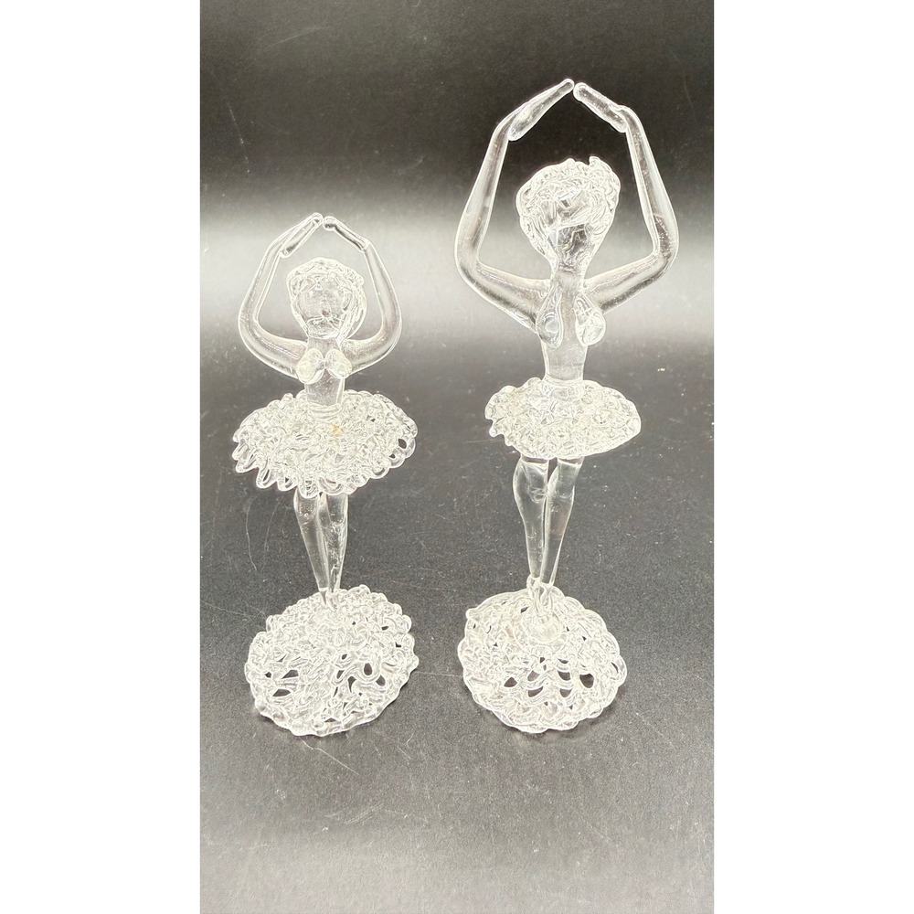 Vintage Spun Glass Ballerina Figurine Set Clear Crystalline Dancers 2 Piece